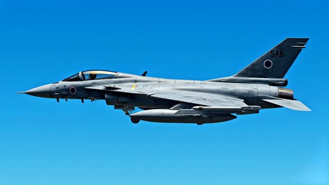 A detailed side view of a gray supersonic fighter jet flying against a clear bright blue sky. The shot captures the intricate mechanical details of the cockpit and fuselage during a high-speed mission
