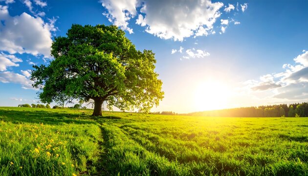 Lone, verdant tree stands prominently in a bright green field under a sunny, partly cloudy blue sky
