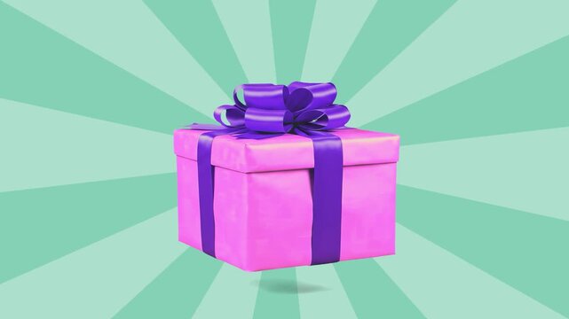 A large pink gift box tied with a satin purple bow sits centered against a pale green sunburst backdrop. This clean 3D render is perfect for retail sales, birthday celebrations, and holiday gift-givin