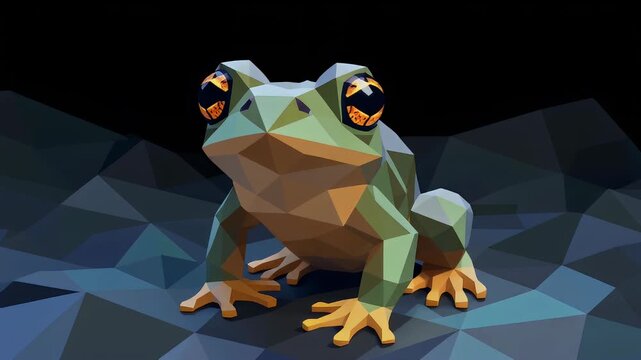 A polygonal frog with striking orange eyes sits on a low-poly background.