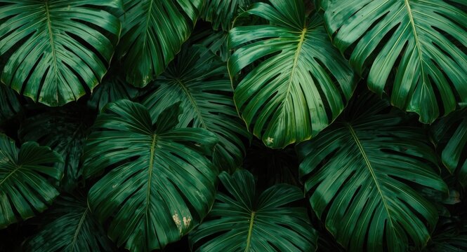 Rich tropical leaf textures in a cloud forest style vertical greenery with summer warmth