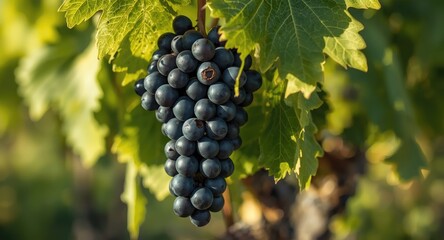 Naklejka premium Rich black nebbiolo grapes nestled in green grapevine leaves close up with copyspace for text