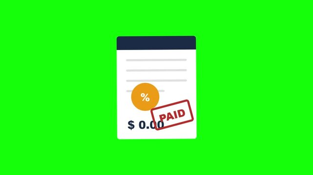 Animated Invoice with Paid Stamp and Dollar Sign on Green Screen.