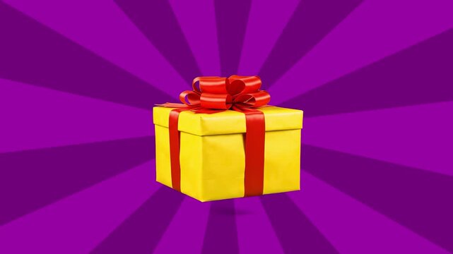 A bright yellow 3D gift box tied with a satin red bow sits against a purple radial sunburst background. This vibrant animation is perfect for holiday sales, birthday greetings, and promotional offers.