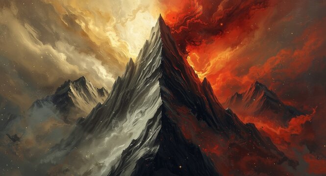 Fantasy art depicting a sharp mountainous terrain split between heaven and hell realms with textured acrylic paint and blur effect