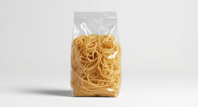 Packaging design mockup of spaghetti pasta in clear plastic bag isolated on white backdrop upright front angle