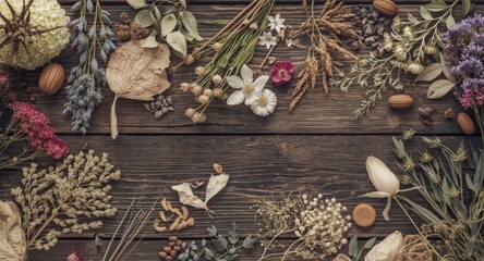 Gathering of dried therapeutic plants and florals arranged on aged wood highlighting herbal remedy uses