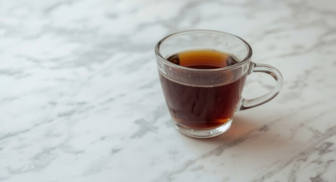 Freshly brewed americano coffee in a clear glass cup on a polished marble surface