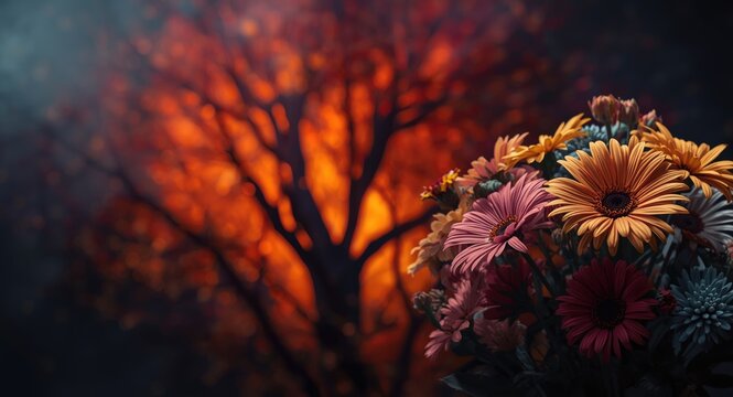 Focused colorful flower bunch with an intense burning tree background and copy space