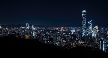 Fototapeta premium Illuminated urban skyline featuring glowing skyscrapers and vibrant night lights