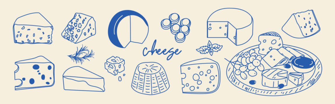 Mediterranean hand drawn cheese and appetizer vector set with brie, parmesan, mozzarella, camembert and olives. Perfect for restaurant menus, packaging and deli branding.