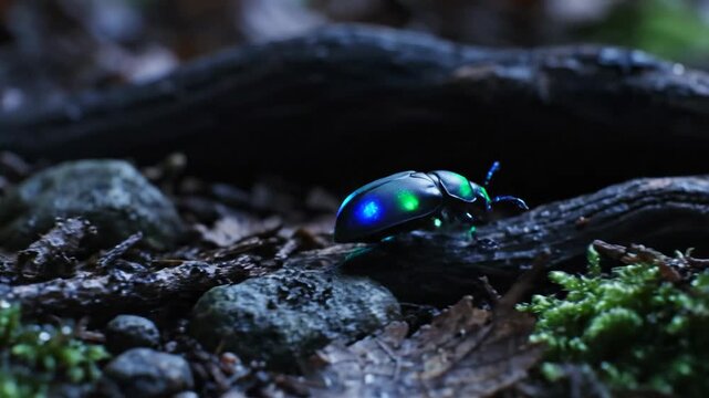Rare Bioluminescent Beetle Emitting Enchanting Green and Blue Light in a Dark Forest Setting