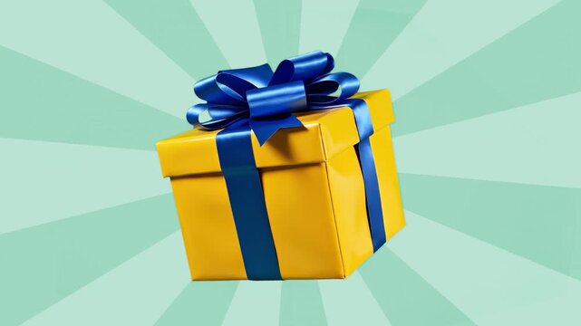 A 3D rendered yellow gift box wrapped with a satin blue ribbon sits centered in the frame. This versatile asset is perfect for holiday marketing, e-commerce promotions, sales, and giveaway announcemen