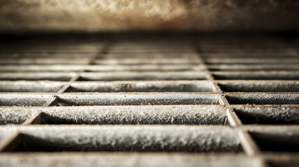 Close-up of a dusty, worn metal air vent or grate, with soft focus background, highlighting neglect and need for clean infrastructure maintenance