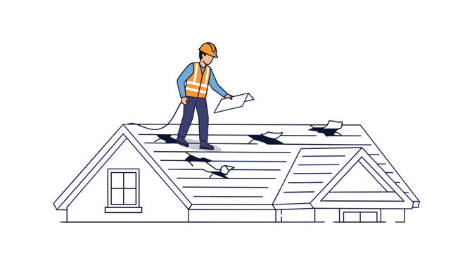 A male worker inspects damaged shingles on a house roof while holding a document.