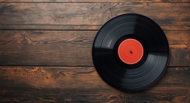 Retro vinyl record player with red platter on rustic wooden table