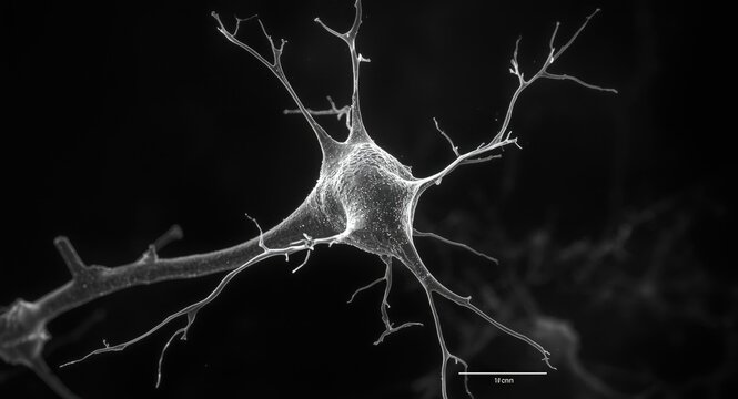 Microscopic view of anterior horn multipolar neuron highlighted by silver nitrate staining