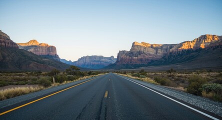 Broad asphalt lane aiming at grand mountain formations glowing under bright early light in tranquil surroundings