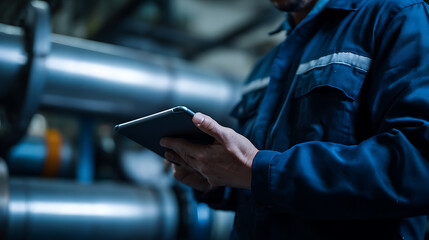 Obraz premium Industrial Engineer Utilize Digital Tablet for System Monitor and Control in Modern Factory Setting, Close Up Worker Hands Hold Advanced Device with Machinery Background