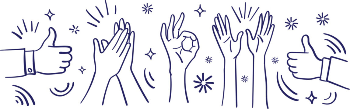 Vector art of blue line drawing of hands with thumbs up and clapping