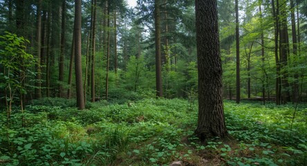 Fototapeta premium Fresh morning in a lush forest with tall trees and natural undergrowth