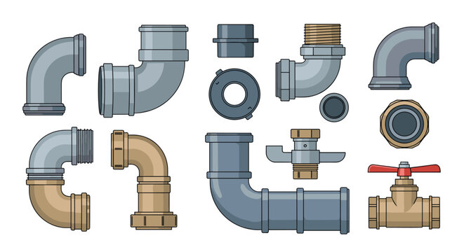 Various metal and PVC pipe fittings, including elbows and a valve, are neatly arranged on a plain white surface.