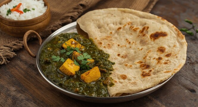 Authentic Indian vegetarian plate of saag paneer and chapattis