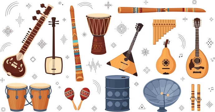Traditional Folk Musical Instruments Vector Set Featuring Sitar Djembe Balalaika Pan Flute Maracas Bongos and Cultural World Music Instruments
