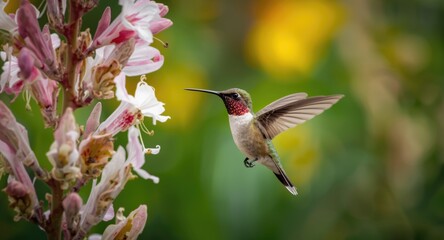Fototapeta premium Happy hummingbird hovering near white petals in a colorful botanical garden