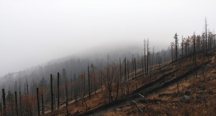 Fototapeta premium Dense fog over a mountain forest exhibiting wildfire damage with charred natural elements