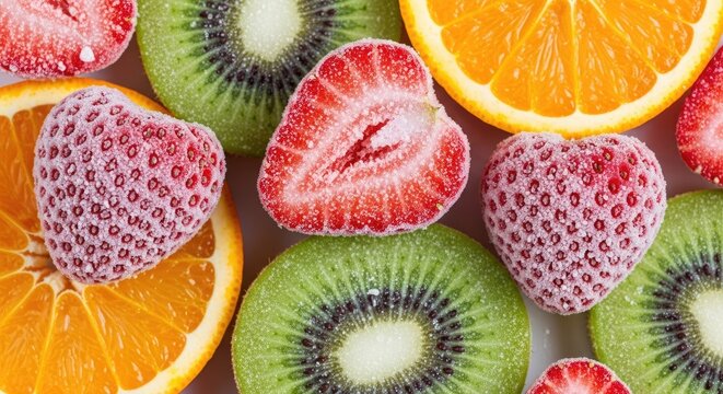 Fresh fruit slices strawberries kiwi orange vibrant colors healthy eating