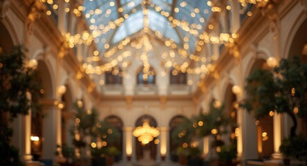 Obraz premium Luxury atrium with warm ambient bokeh illumination perfect for seasonal promotional background