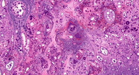 Microscopic pathology image highlighting tophus in tissue biopsy from patient with high serum uric acid