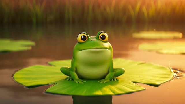 Charming cartoon frog sitting on a lily pad in a pond at sunset with warm lighting and reflections creating a tranquil scene