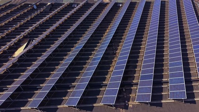 Solar panels cover a rooftop, arranged in neat rows. The sun shines down on the panels, allowing them to collect energy. This setup contributes to renewable energy use.