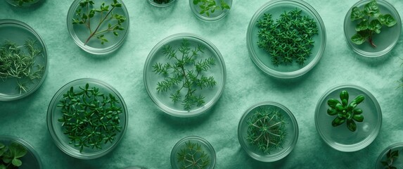 Overhead layout of petri dishes with plants on a soft green textured canvas