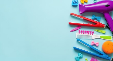 Fototapeta premium April fool's day prank with colorful hair styling tools and accessories
