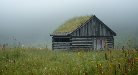 Obraz premium Rustic wooden shed in a misty meadow with tall grass and blooming wildflowers