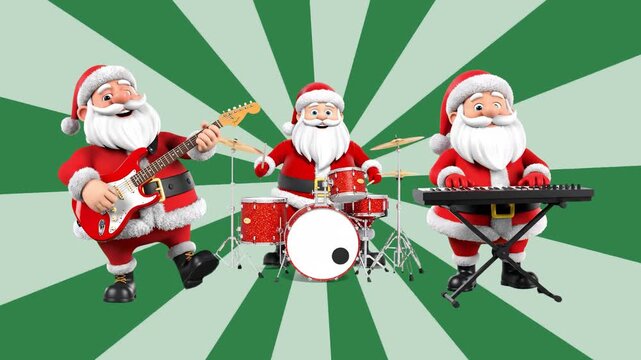 A stylized 3D animation of three cartoon Santa Clauses performing as a rock band with drums, guitar, and keyboard on a decorative green sunburst background. This playful scene is ideal for humorous Ch