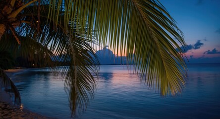 Obraz premium Picturesque tropical beach evening with palm leaves and peaceful waterline for holiday banner