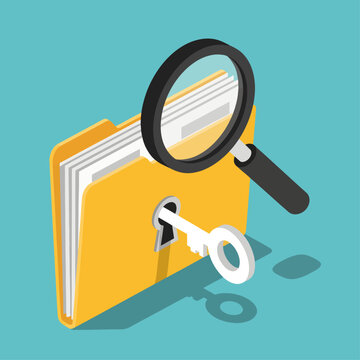 An isometric yellow folder containing documents is unlocked by a silver key and examined with a magnifying glass against a vibrant teal background, symbolizing data security and private investigation