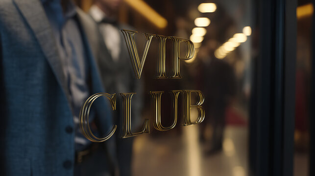 Golden 'VIP Club' Text on Glass Door Reflects Elegant Interior with Blurred Figures and Mannequin in Suit, Exclusive Access Concept