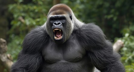 Obraz premium Massive silverback gorilla exhibiting chest beating display