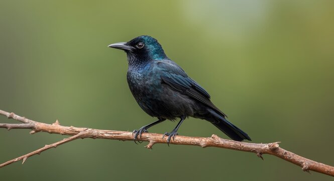 Common Grackle bird adult resting on a branch with natural light