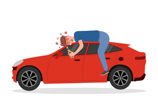 Drunk driver sleeping on car in flat design on white background. Drink don&rsquo;t drive campaign concept vector illustration.