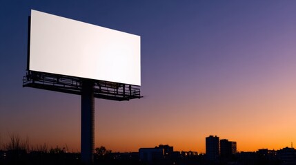 Fototapeta premium A blank billboard stands against a vibrant sunset skyline, highlighting city silhouettes