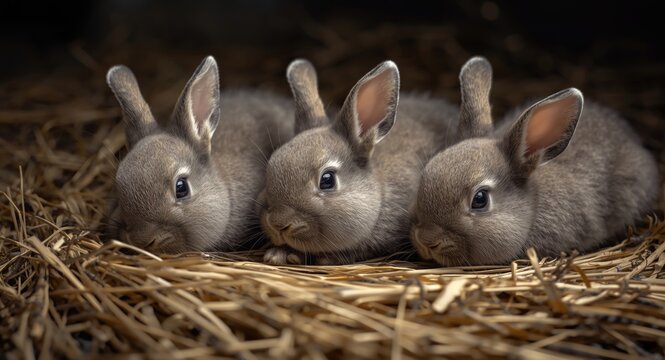 Quiet furless young rabbits relaxing on natural straw