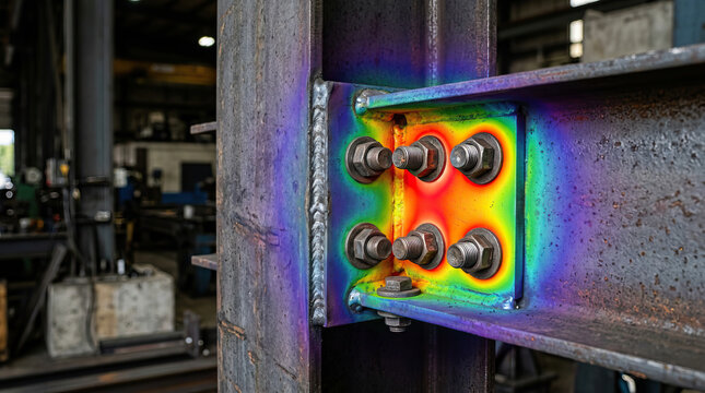 Thermal imaging of steel beam connection with bolts in industrial workshop showing heat distribution and structural integrity analysis for safety and engineering inspection