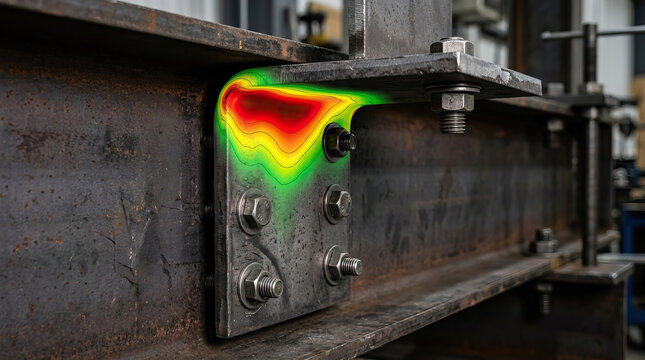 Steel beam metal joint structural support bolt nut stress analysis heat map industrial construction close up rust metal plate engineering load bearing factory heavy metal mechanical connection