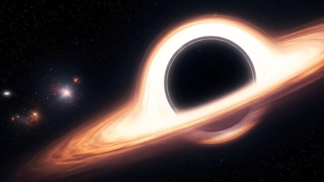 Cosmic black hole surrounded by vibrant orange and white swirling celestial matter in the vast universe
